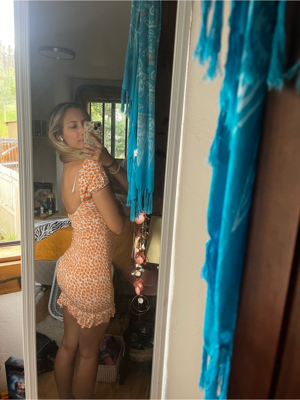 Floral Orange Tie-Back Ruched Mini Dress
